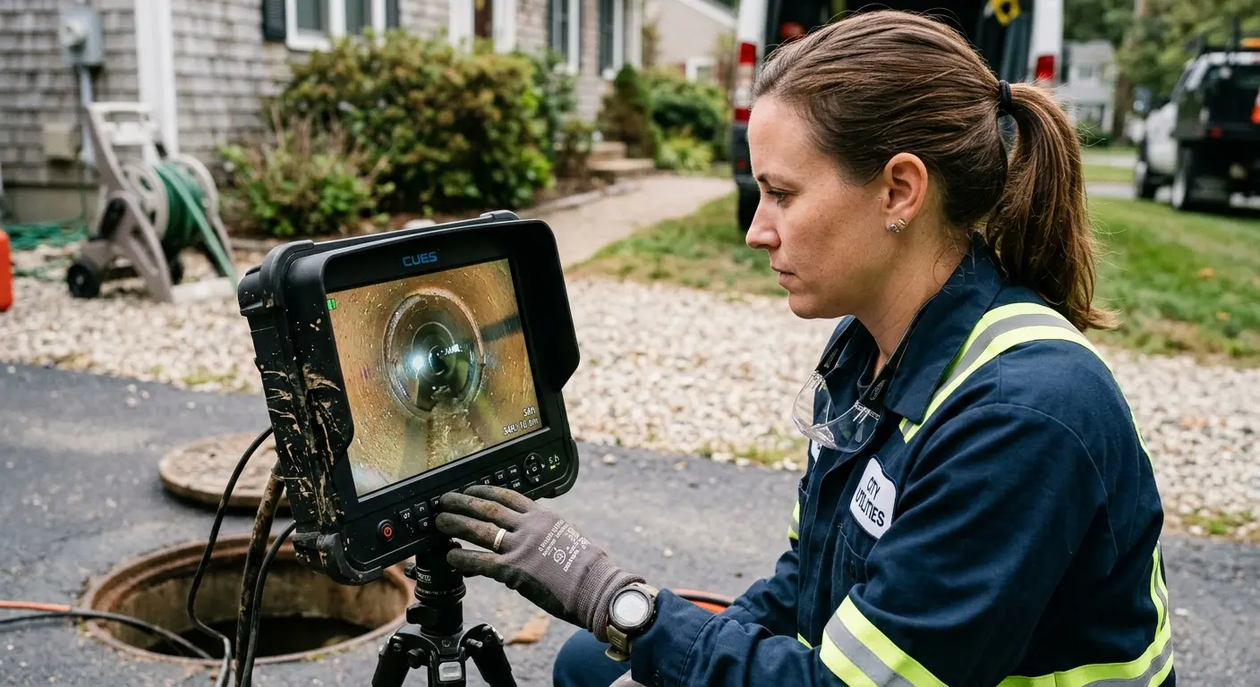 Technician reviewing sewer camera inspection footage in Conroe