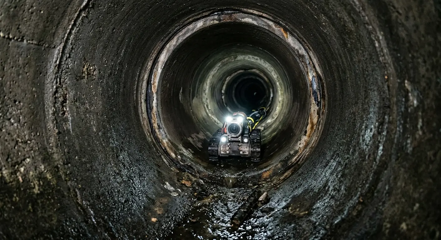 Robotic sewer camera inspecting pipe interior for Sewer Line Cleaning in Conroe