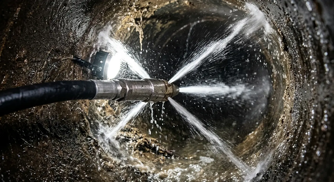High-pressure hydro jetting nozzle cleaning sewer pipe for Storm Drain Cleaning in Conroe