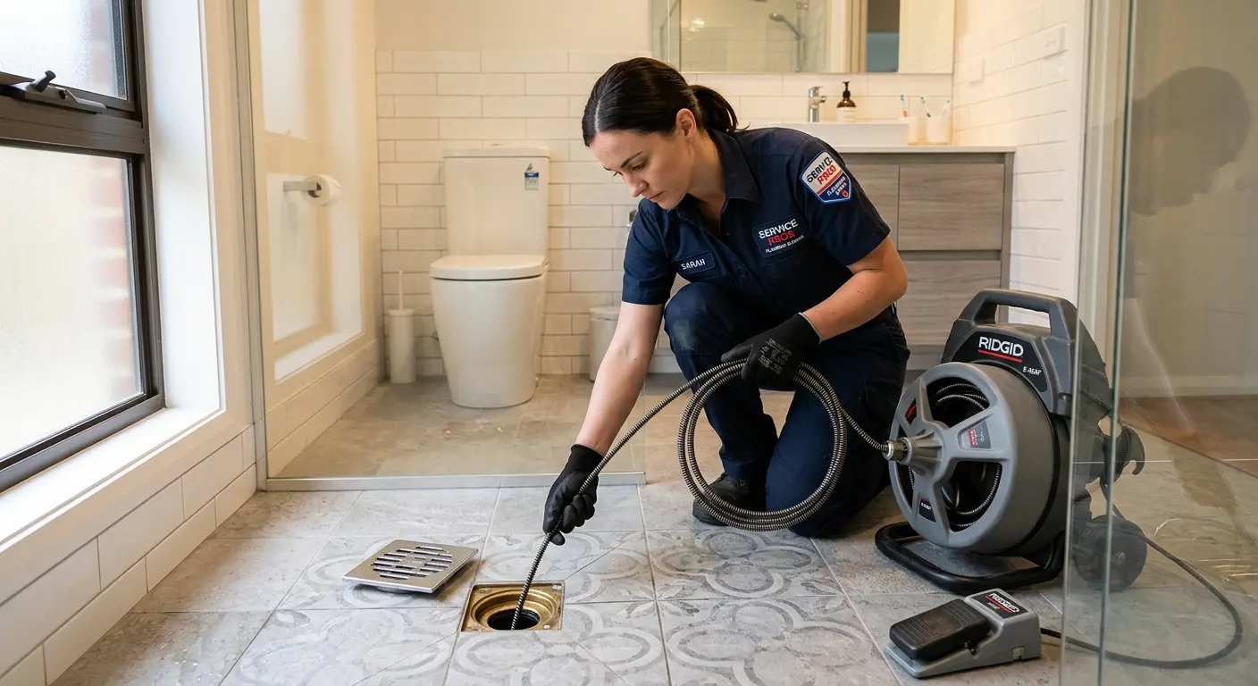 Technician clearing a bathroom floor drain for Sewer Line Installation in Conroe